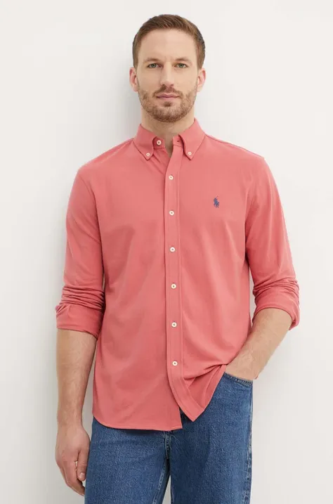Памучна риза Polo Ralph Lauren мъжка в розово със стандартна кройка с яка с копче