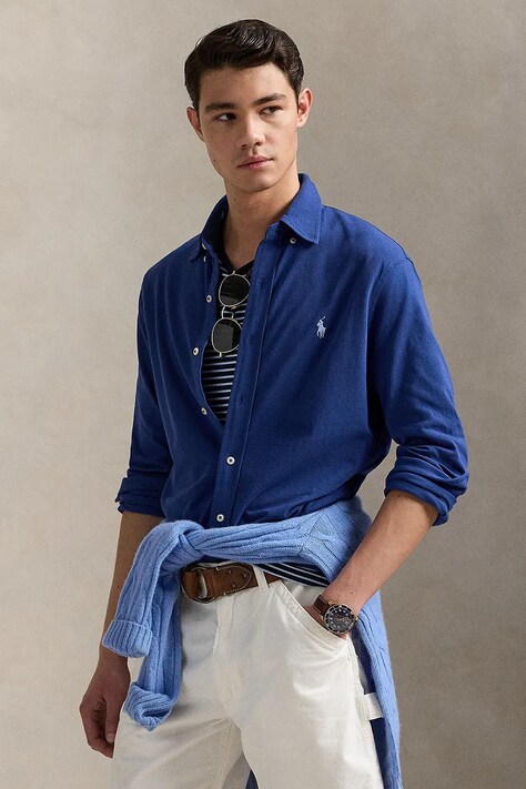 Памучна риза Polo Ralph Lauren мъжка в черно със стандартна кройка с яка с копче 710654408