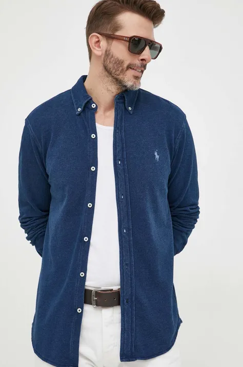 Памучна риза Polo Ralph Lauren мъжка в тъмносиньо със стандартна кройка с яка копче 710654408