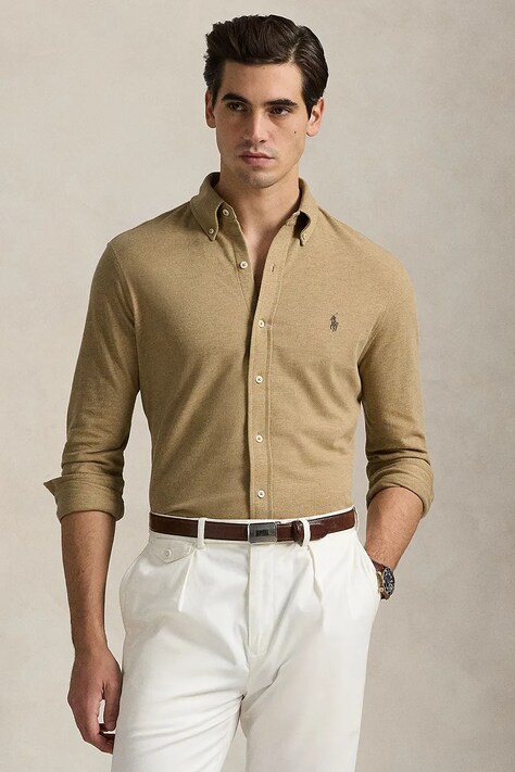 Polo Ralph Lauren koszula bawełniana męska kolor beżowy regular z kołnierzykiem button-down 710654408