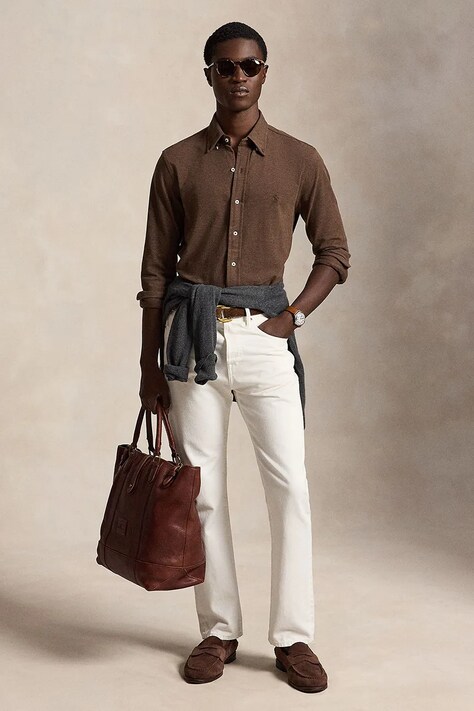 Polo Ralph Lauren Πουκάμισο βαμβακερό ανδρικό καφέ απλό 710654408