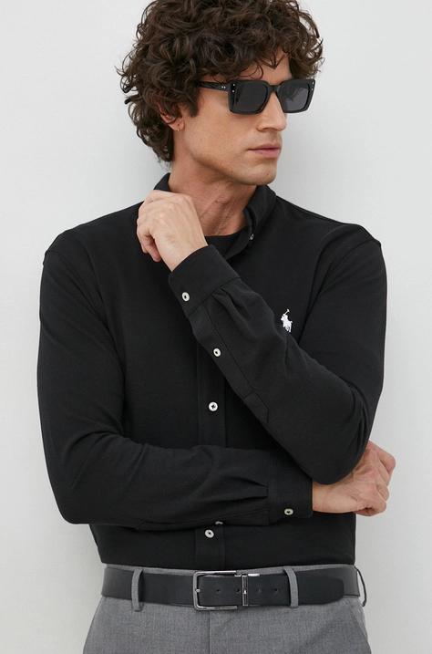 Polo Ralph Lauren cămașă din bumbac bărbați, culoarea negru, cu guler button-down, regular 710654408