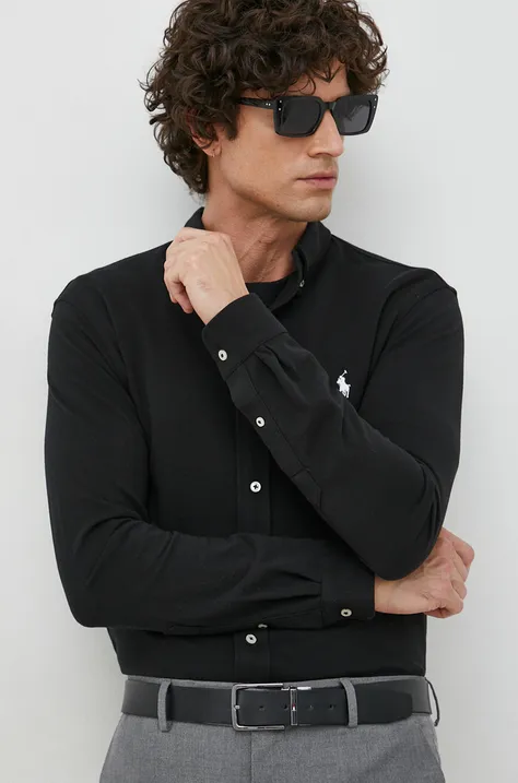 Βαμβακερό πουκάμισο Polo Ralph Lauren ανδρικό, χρώμα: μαύρο,