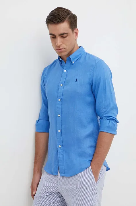 Polo Ralph Lauren koszula lniana męska kolor niebieski slim z kołnierzykiem button-down