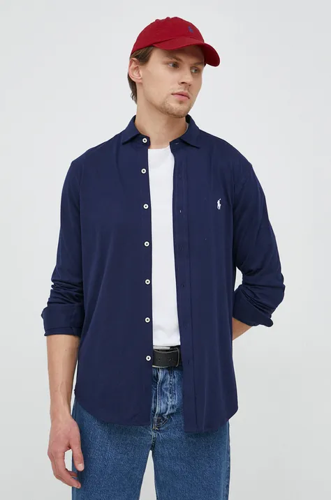 Bavlnená košeľa Polo Ralph Lauren pánska, tmavomodrá farba, regular, s talianskym golierom