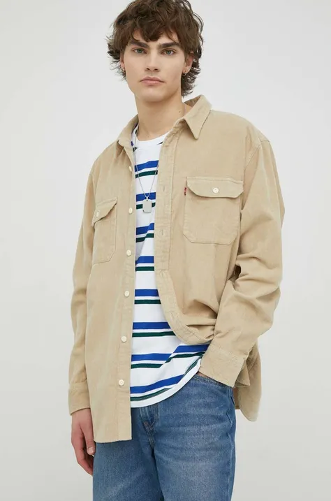 Manšestrová košeľa Levi's pánska, béžová farba, voľný strih, s klasickým golierom
