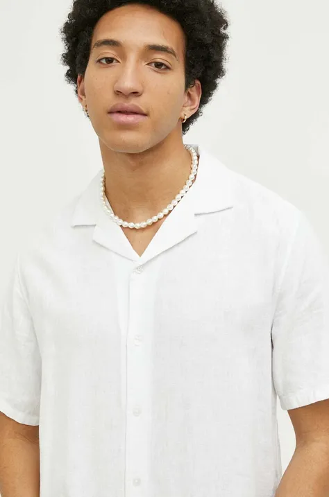 Abercrombie & Fitch koszula lniana kolor biały regular