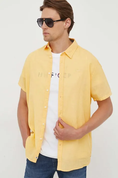 Pepe Jeans koszula lniana Parker kolor żółty regular z kołnierzykiem klasycznym