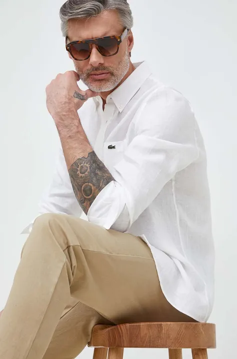 Сорочка з льону Lacoste колір білий regular комір button-down