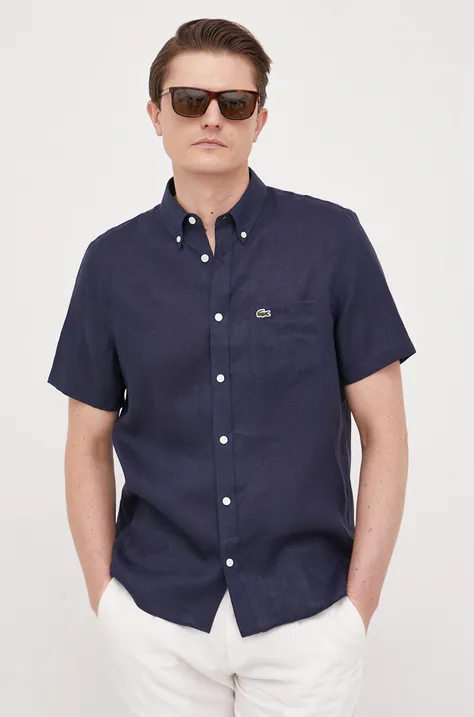 Льняная рубашка Lacoste цвет синий regular воротник button-down