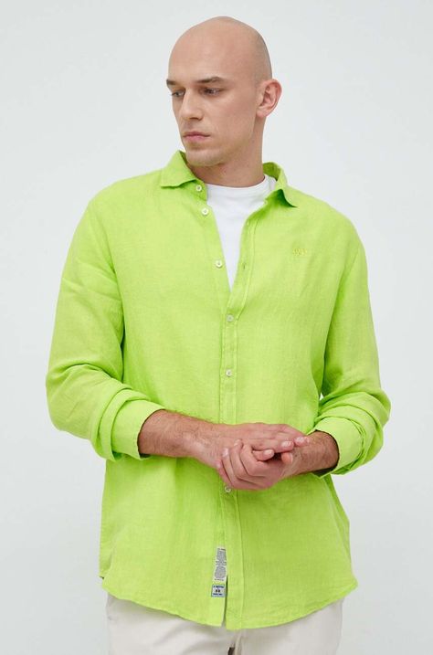 Ľanová košeľa La Martina zelená farba, regular, s klasickým golierom
