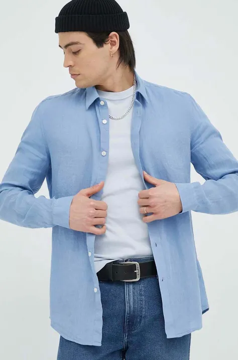 Drykorn koszula lniana Ruben kolor niebieski regular z kołnierzykiem klasycznym