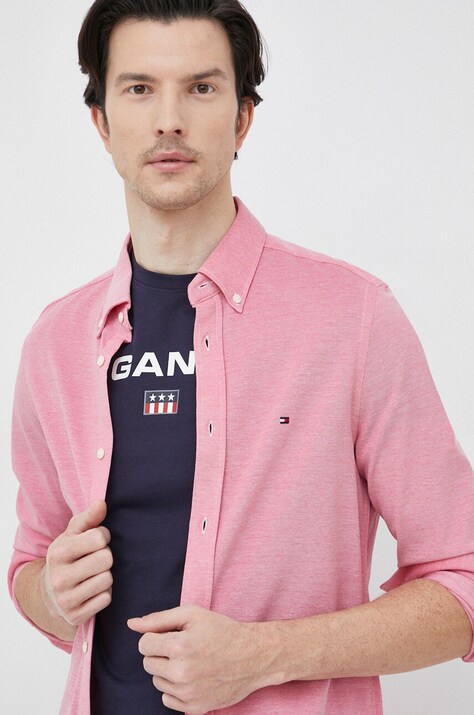 Памучна риза Tommy Hilfiger мъжка в червено с кройка по тялото яка копче MW0MW30675