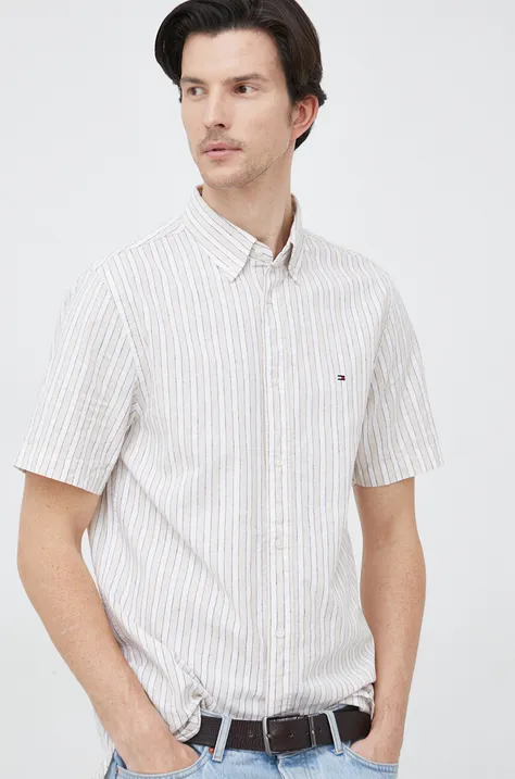 Košile s příměsí lnu Tommy Hilfiger béžová barva, regular, s límečkem button-down
