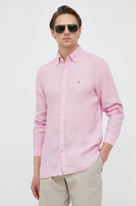 Πουκάμισο από λινό Tommy Hilfiger χρώμα: ροζ