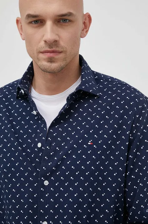 Pamučna košulja Tommy Hilfiger za muškarce, boja: tamno plava, regular, s talijanskim ovratnikom
