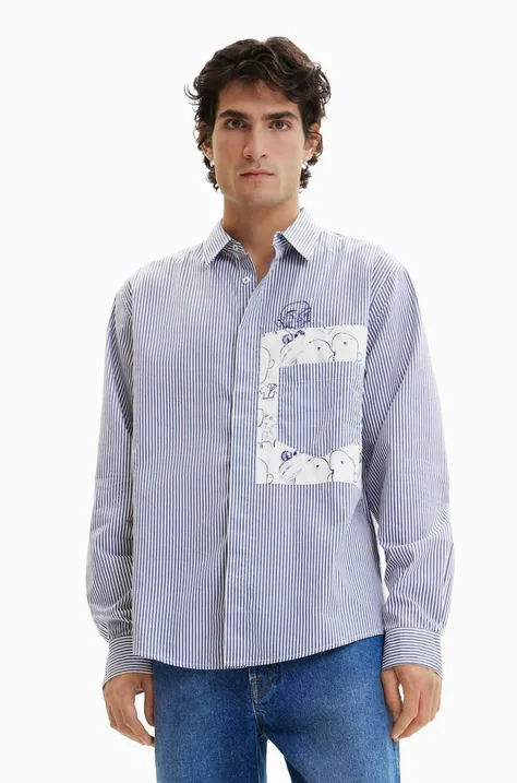 Памучна риза Desigual мъжка в синьо със стандартна кройка с класическа яка