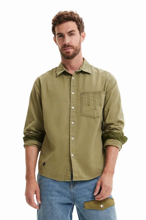 Хлопковая рубашка Desigual мужская цвет зелёный regular классический воротник