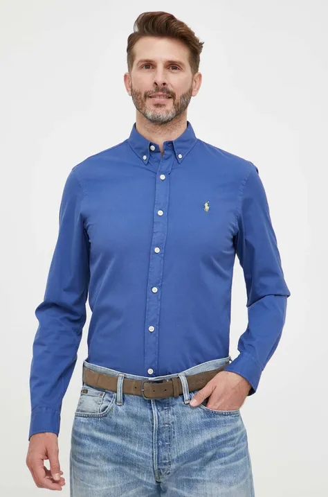 Polo Ralph Lauren koszula bawełniana męska kolor niebieski slim z kołnierzykiem button-down