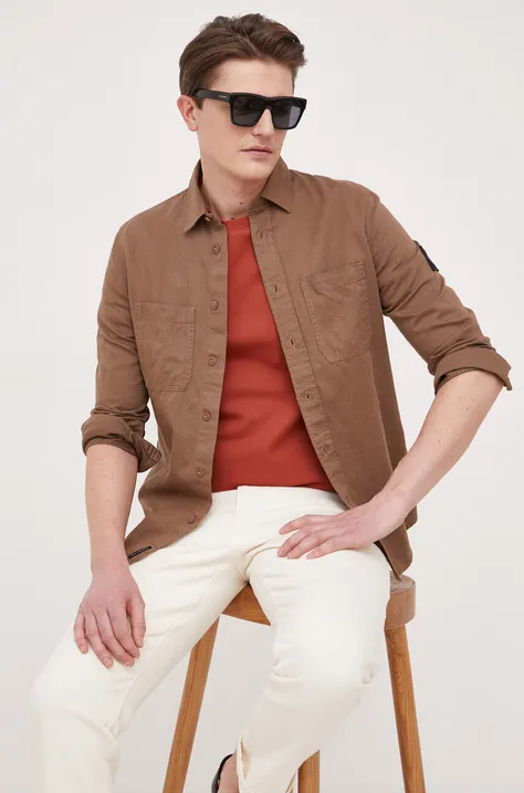 Рубашка с примесью льна Calvin Klein Jeans цвет коричневый regular классический воротник