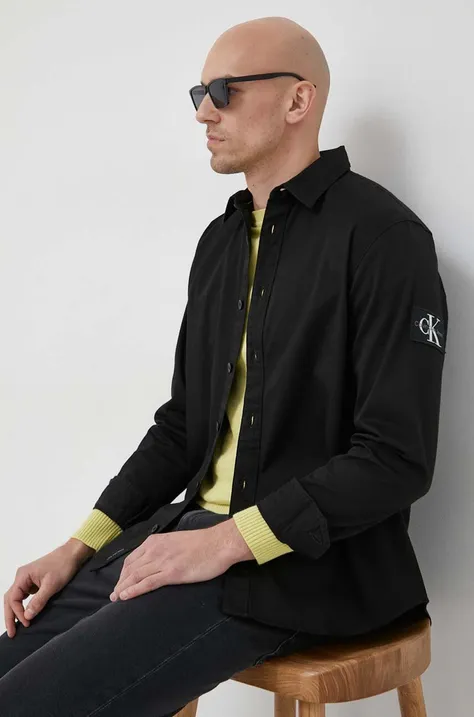 Риза Calvin Klein Jeans мъжка в черно със свободна кройка с класическа яка J30J323255