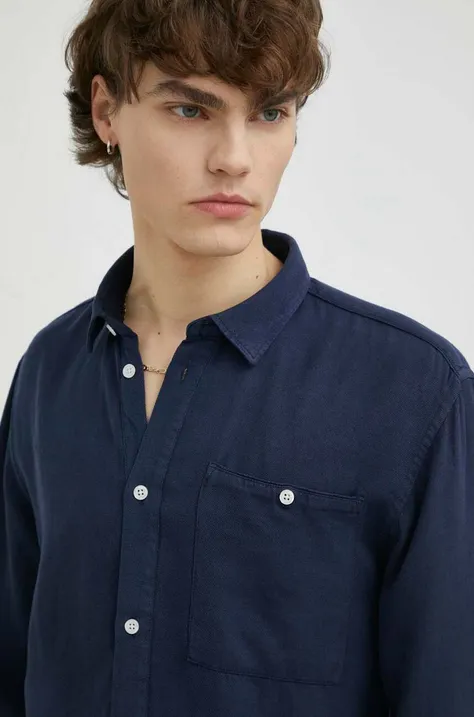 Košulja s dodatkom lana Bruuns Bazaar Lin Nuit boja: tamno plava, regular, s klasičnim ovratnikom