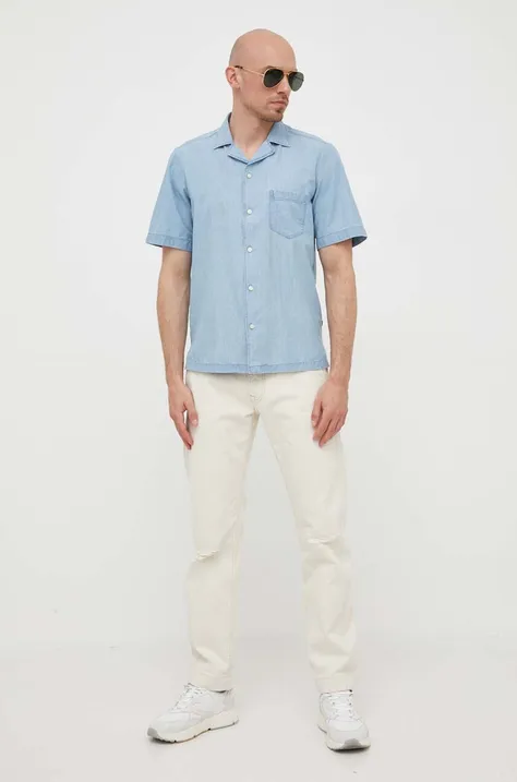 Памучна риза BOSS BOSS ORANGE мъжка в синьо със стандартна кройка
