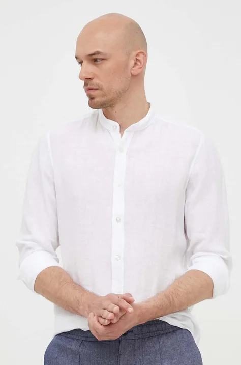 Lněná košile BOSS ORANGE bílá barva, regular, se stojáčkem, 50489339