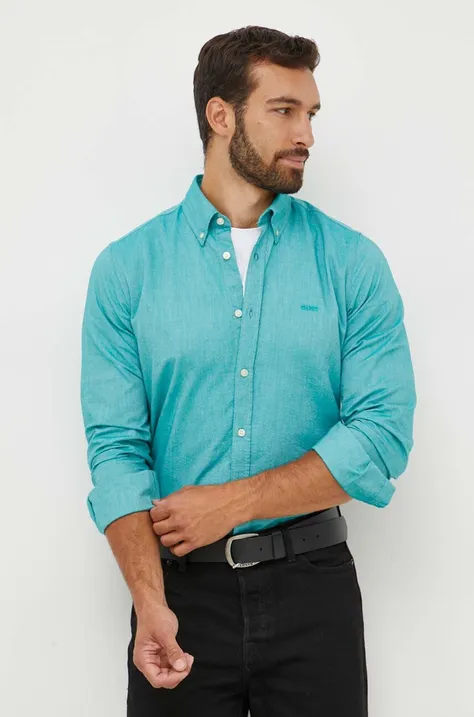 Bavlnená košeľa BOSS BOSS ORANGE pánska, tyrkysová farba, regular, s talianskym golierom