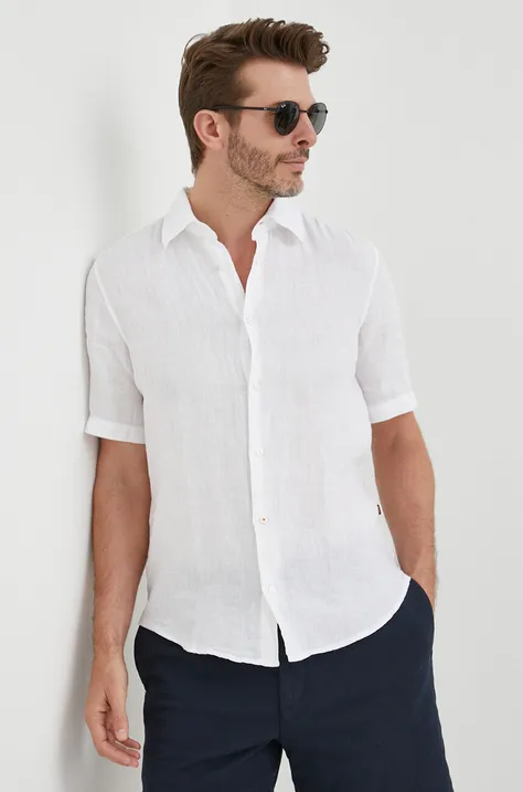 Льняная рубашка BOSS BOSS ORANGE цвет белый regular классический воротник