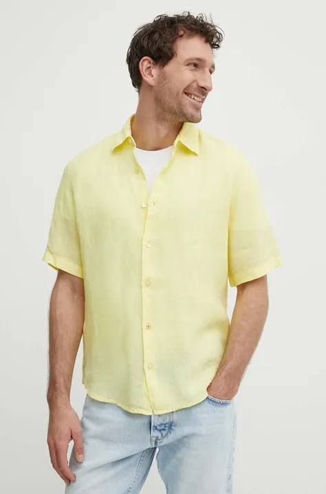 Ľanová košeľa BOSS BOSS ORANGE žltá farba,regular,s klasickým golierom,50489345