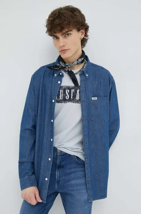 Jeans srajca Wrangler moška, mornarsko modra barva