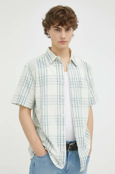 Памучна риза Wrangler мъжка в бежово със стандартна кройка с класическа яка