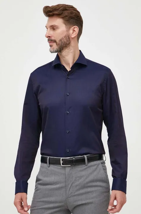 Pamučna košulja BOSS za muškarce, boja: tamno plava, slim, s talijanskim ovratnikom