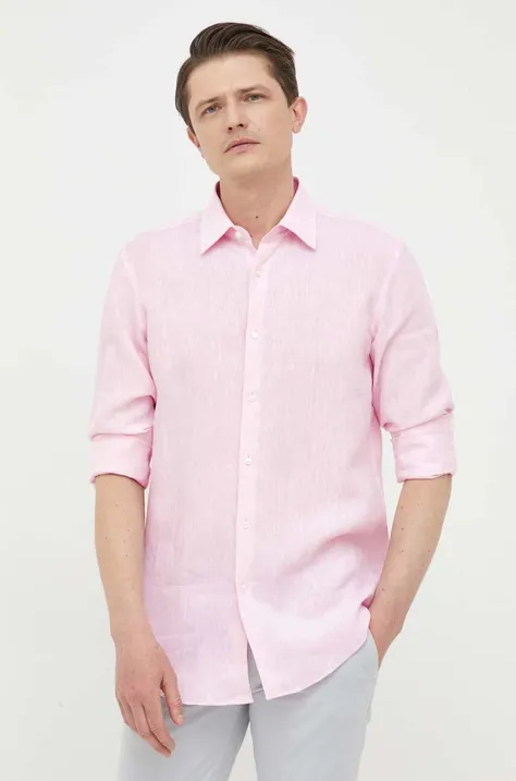 BOSS koszula lniana kolor różowy slim z kołnierzykiem klasycznym