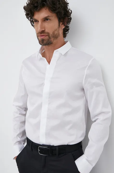 Bavlnená košeľa Armani Exchange pánska, biela farba, slim, s klasickým golierom