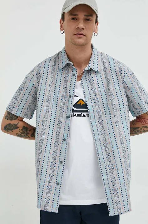 Памучна риза Quiksilver мъжка в сиво със стандартна кройка с класическа яка