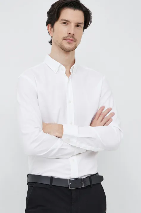 Памучна риза BOSS мъжка в бяло със стандартна кройка с яка с копче