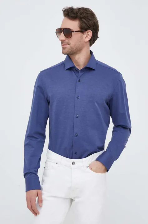 Хлопковая рубашка BOSS мужская цвет синий regular классический воротник