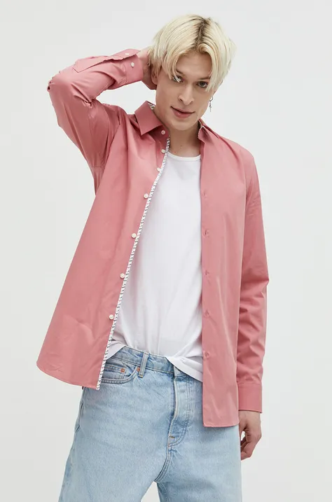 Хлопковая рубашка HUGO мужская цвет розовый regular итальянский воротник