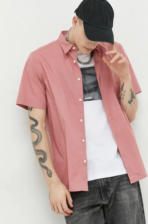 HUGO koszula męska kolor różowy regular z kołnierzykiem klasycznym