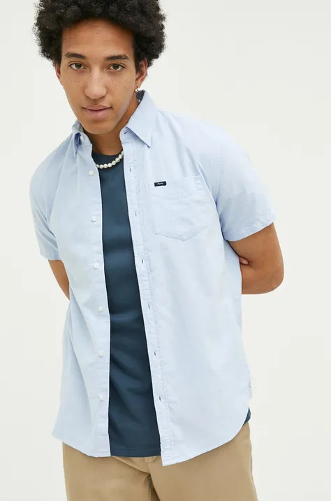 Памучна риза Superdry мъжка в синьо със стандартна кройка с яка с копче
