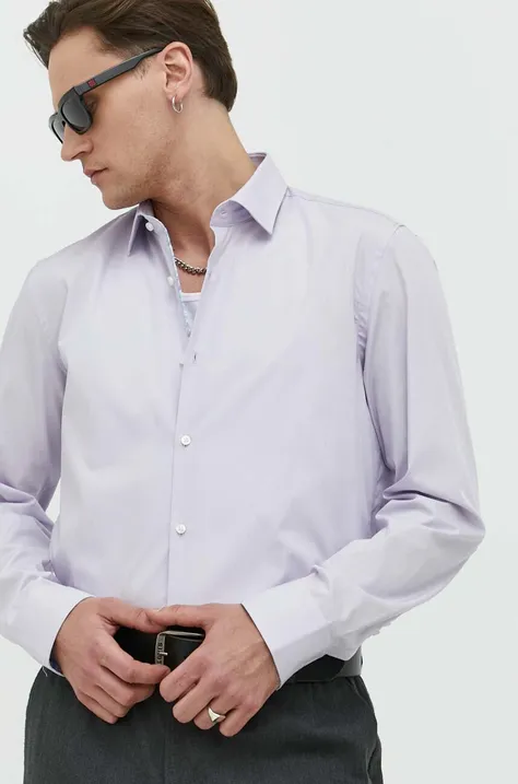 Bavlnená košeľa HUGO pánska, fialová farba, slim, s klasickým golierom