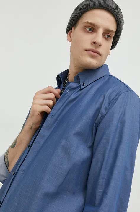 Košulja HUGO za muškarce, boja: tamno plava, slim, o button-down ovratnikom