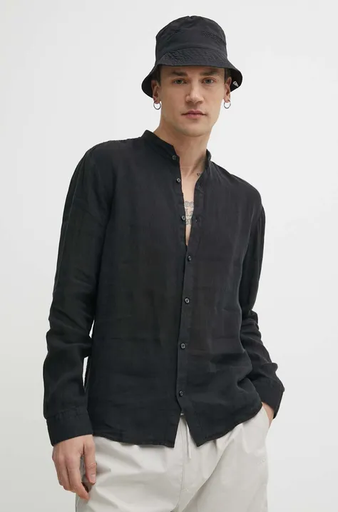 Ľanová košeľa HUGO čierna farba,slim,so stojačikom,50490740
