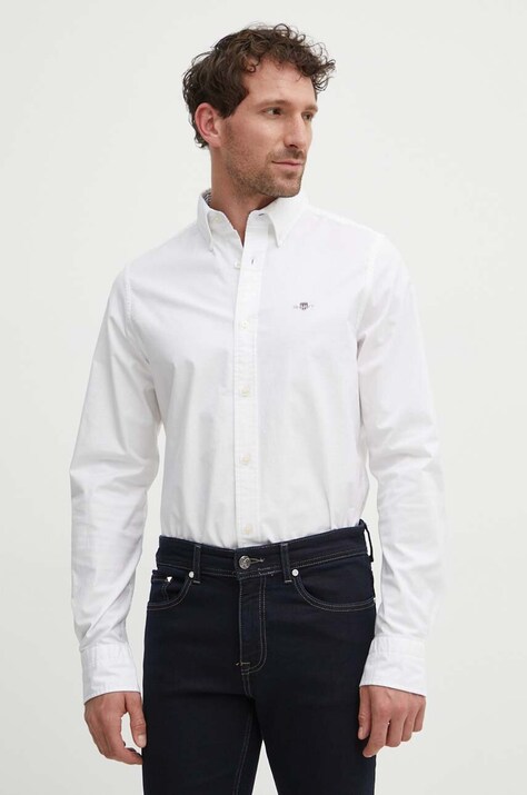 Pamučna košulja Gant za muškarce, boja: bijela, slim, s button-down ovratnikom