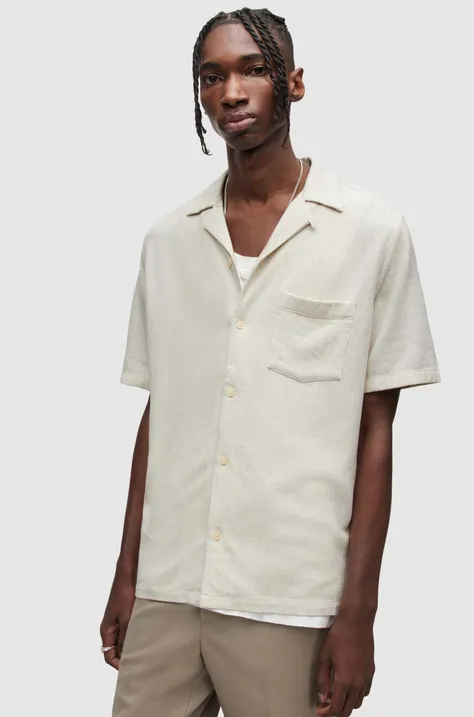 AllSaints koszula z domieszką lnu CUDI SS SHIRT kolor beżowy relaxed MS018Y