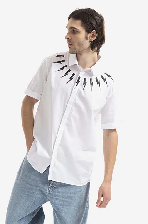 Βαμβακερό πουκάμισο Neil Barett Bold Neck Short Sleeve Shirt ανδρικό, χρώμα: άσπρο