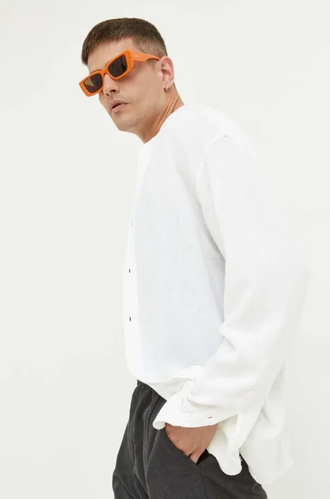 Abercrombie & Fitch koszula lniana kolor biały regular ze stójką