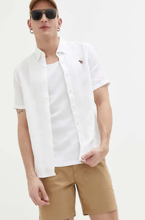 Abercrombie & Fitch koszula lniana kolor biały regular z kołnierzykiem button-down